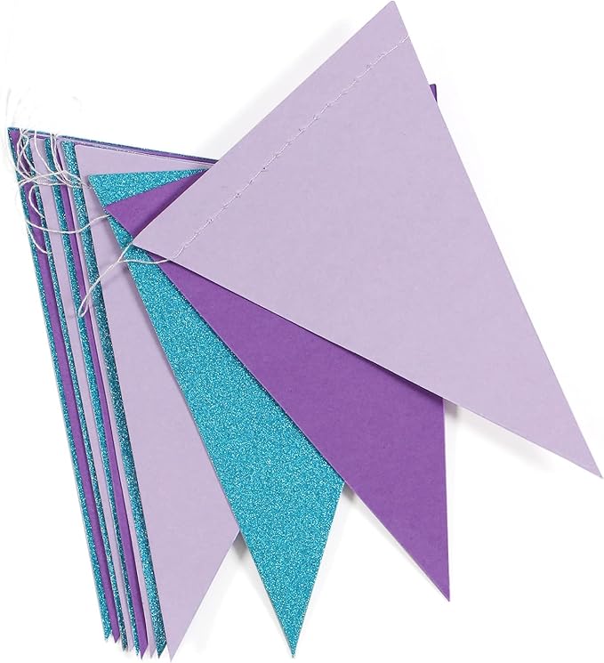 Mermaid Party Decorations Pennant Banner - 2 Pack Glitter Purple Blue Under The Sea Paper Triangle Flags Garland, Little Mermaid Theme Girls Birthday Wedding Baby Shower Party Bunting Panduola