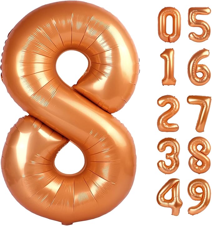 Orange 8 Balloon, Number Balloon 40 Inch, Orange Birthday Decorations, 8 18 28 38 80 Birthday Balloons, 8th Party Supplies, Number 8 Balloon