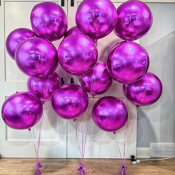 12PCS Hot Pink Round Foil Balloons, 22" 15" 10" Large 4D Ball Balloons Metallic Hot Pink Mirror Sphere Balloon for Valentines Galentines Day Wedding Women Birthday Party Ceiling Decorations