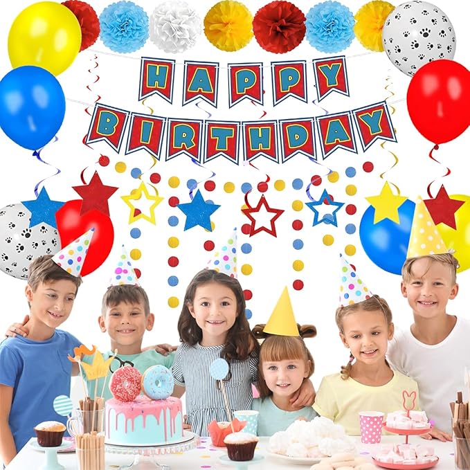 Dog Themed Party Decoration Set Includes Banners, Latex Balloons, Paper Flowers and Swirls for Pet Puppy Themed Birthday Party Supplies