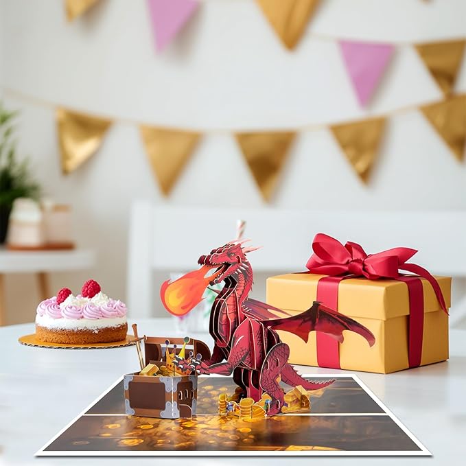 Treasure Chest Fire Dragon Pop Up Greeting Card with Blank Note & Envelope, ideal celebration gift for Friendship, Love, Anniversary, Special Moment, Inspirational, Birthday, Holiday, Party