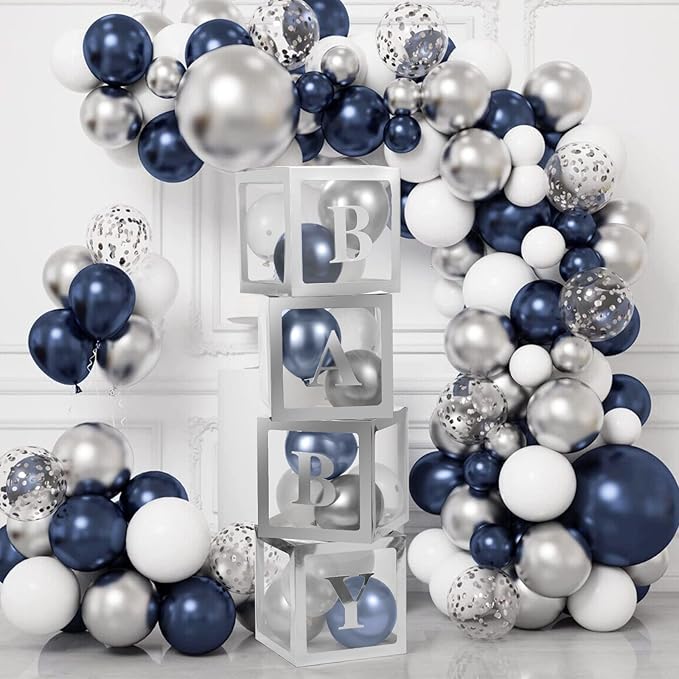 Baby Boxes with Letters - 4 Transparent Balloon Boxes for Baby Shower, Gender Reveal, Birthday & Wedding Decorations (Silver)