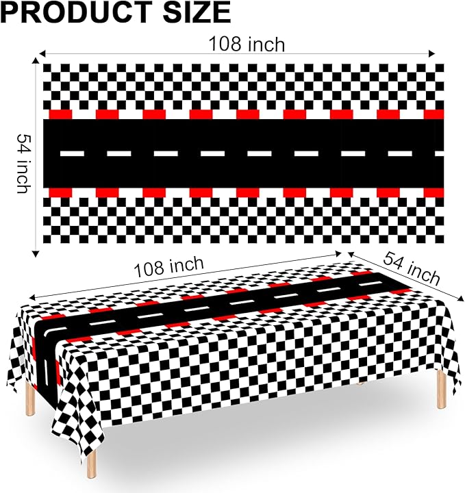 WNINK 3 PCS Racing Car Theme Tablecloths Car Disposable Plastic Tablecloths Black Checkered Flag Table Covers Racetrack Rectangular Tablecloth for Race Car Birthday Party Decorations, 54 x 108 Inch