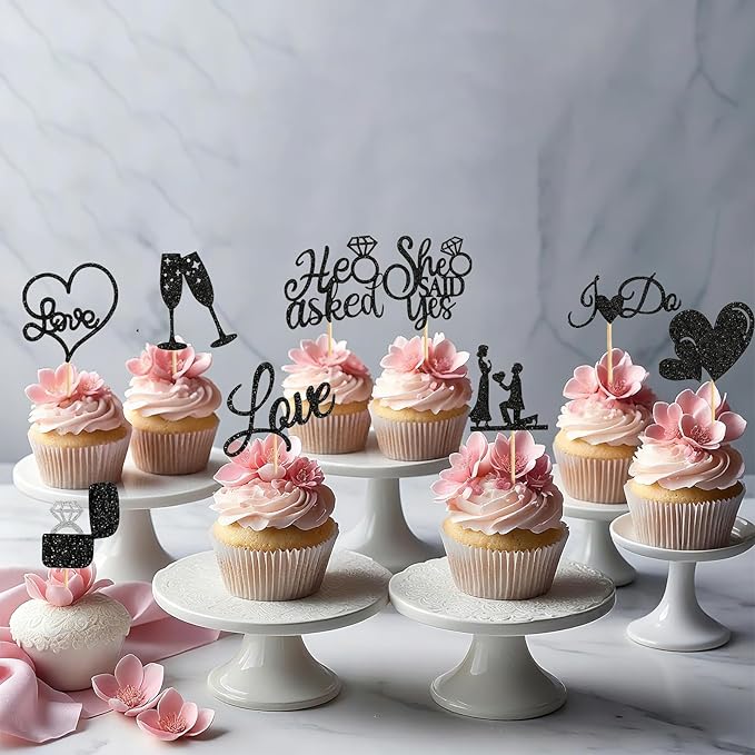 60 Pcs He Asked She Said Yes Cupcake Toppers,Engagement Cupcake Toppers Glitter Diamond Ring Heart Love I Do Cupcake Picks for Engagement Wedding Party Cake Decorations,Black