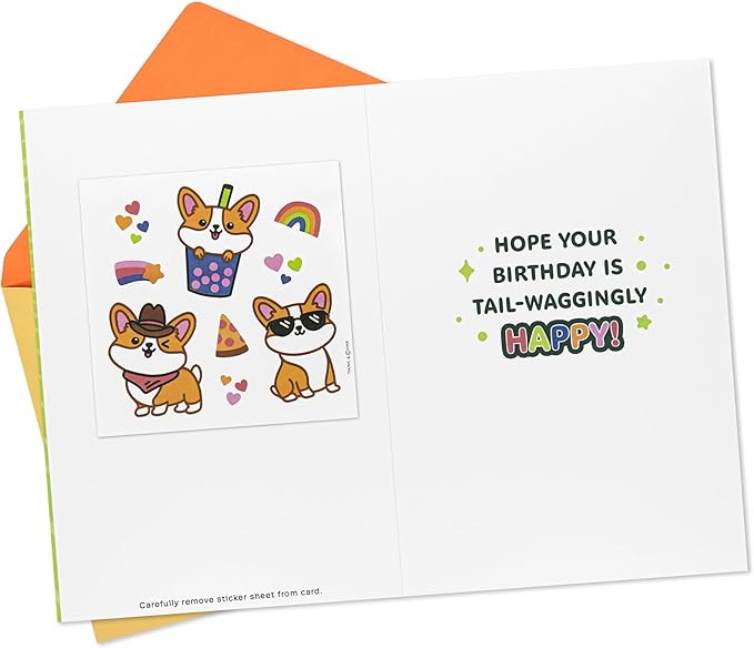 Hallmark Kids Birthday Card with Stickers (You’re Extra-Corgi-Nary) for Son, Daughter, Grandchild
