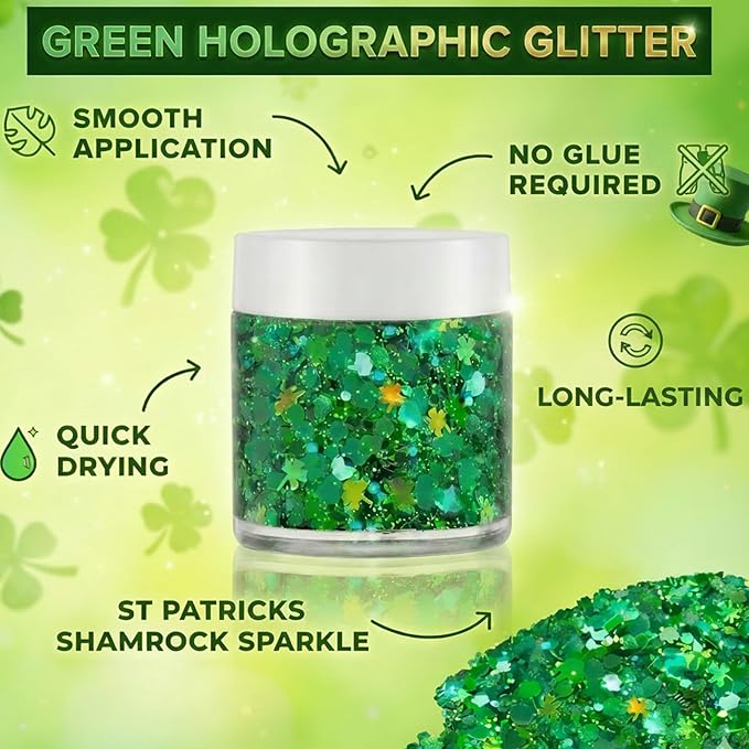 Green Face Hair Glitter,St Patricks Day Holographic Shamrock Green Body Glitter,Rave Music Festival Accessories,St Patrick's Day Outfit for Women,Halloween Cosplay Shimmer Makeup