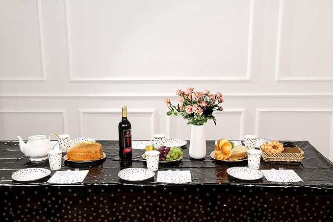 12 Pack Plastic Tablecloths for Rectangle Tables, Black and Gold Waterproof Disposable Party Table Cloths, Table Covers for Decorations, Graduation, Birthday, Cocktail Party, 54" x 108"