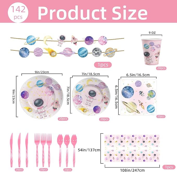 142PCS Space Theme Party Supplies For Girl, Birthday Paper Plates First Trip Around The Sun Astronaut Planet Cake Plate Tableware Dinner Set for Boys Girls Birthday Shower Forks