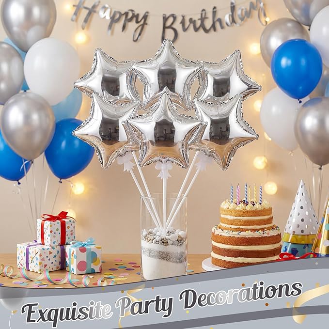 30 Pcs Star Self Inflatable Balloons with Bow Stems Star Foil Balloons Mini Pentagram Decoration for Patriotic Independence Day Graduation Birthday Baby Shower Anniversary(Silver,6 Inches)