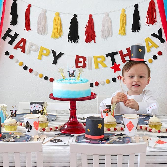 Pre-Strung Happy Birthday Banner Red and Black Party Decorations Felt Ball Garland Sign for Cartoon Mouse Birthday Party Décor