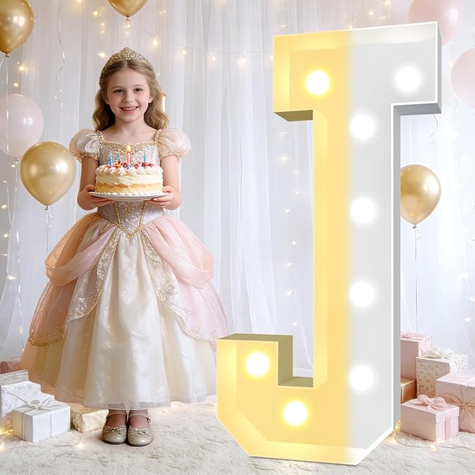 Pooqla 3FT Marquee Light Up Letters, Cool White and Warm White LED Big Mosaic Marquee Letters 3 Feet, Giant Letter Sign for Balloons Birthday Anniversary Wedding Party Decoration, Letter J