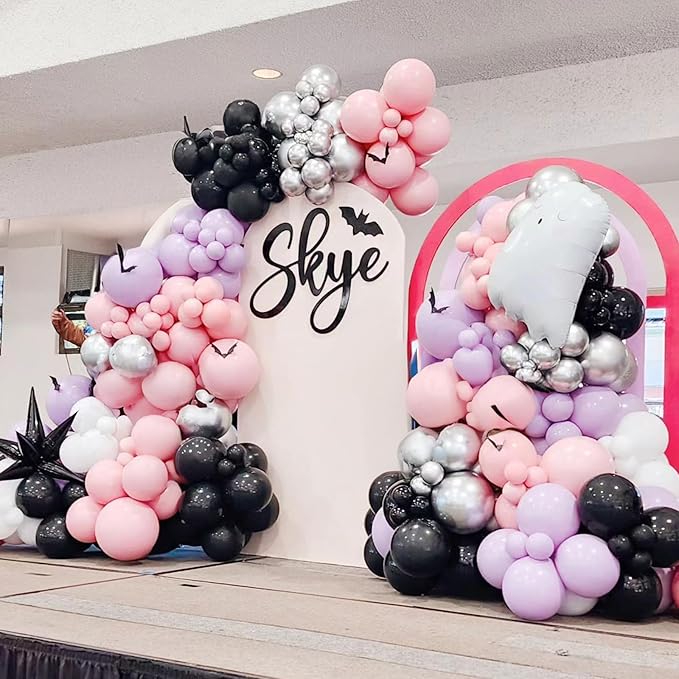 Halloween Balloon Garland Arch Kit, Black Purple Pink Halloween Baby Shower Latex Balloons with 3D Bat Ghost Witch Mylar Foil Balloons Set for Happy Halloween Birthday Decoration Indoor Outdoor