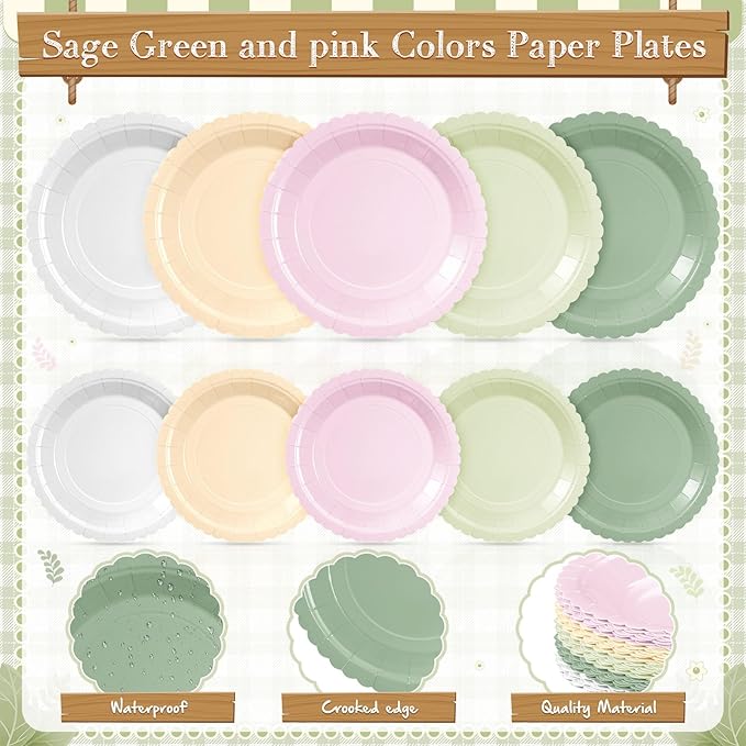 Zhehao 175 Pcs Pink and Sage Green Style Party Supplies Set Pink and Green Disposable Tableware Kit with Plates, Cups, Napkins, Cutlery in Natural Earth Tones for Baby Shower, Birthday