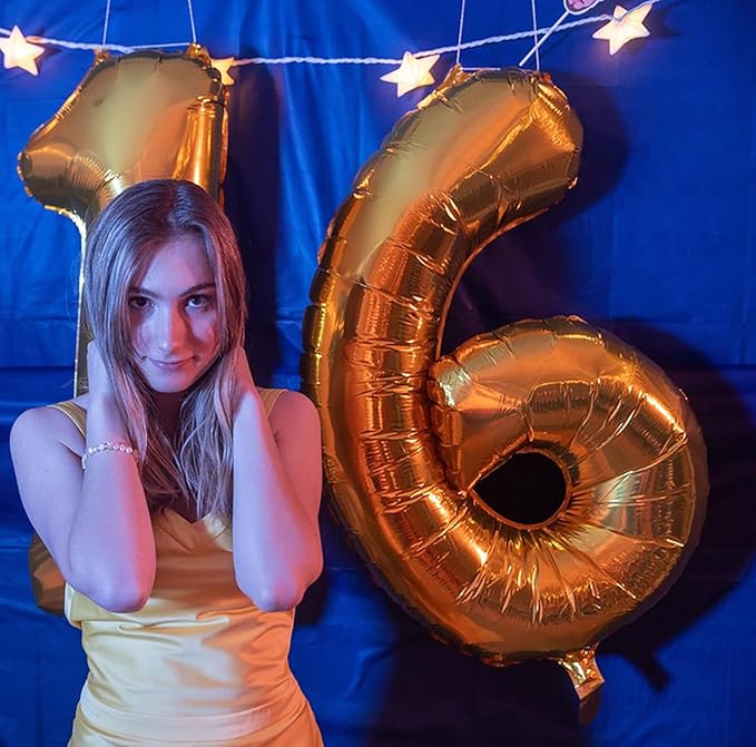 Large Gold 16 Number Balloons, 40 Inch Jumbo Number 16 Balloon, Gold Foil Mylar Balloons for Girl Sweet 16th/61th Birthday Party, Anniversary Decorations