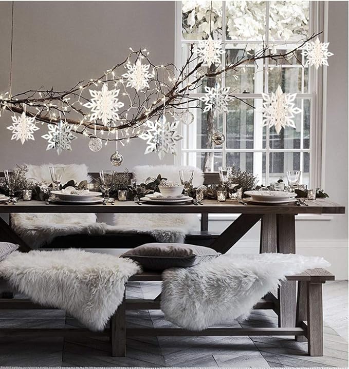 24Pcs Snowflake Christmas Hanging Party Decor Supplies,12 PCS 3D Silver Snowflakes & 12PCS 3D White Paper Snowflakes Hanging Garland for Christmas Winter Holiday New Year Wonderland Party Decoration