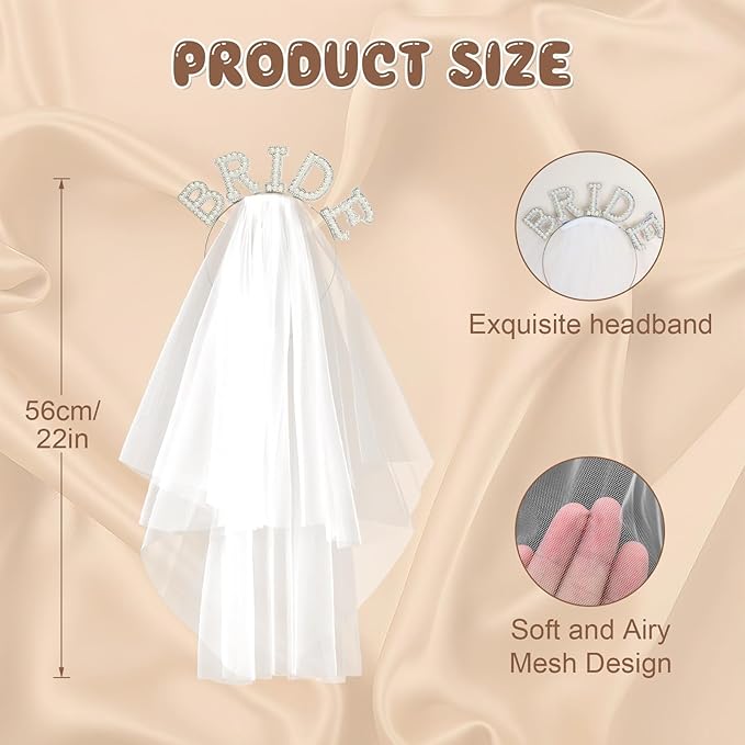 Pearl Bride Sash & Headband with Veil for Bachelorette Party, 2Pcs Pearl Veil and Sash Set for Women, Bach Party Favors Accessories for Wedding Bridal Showers Engagement Party Supplies