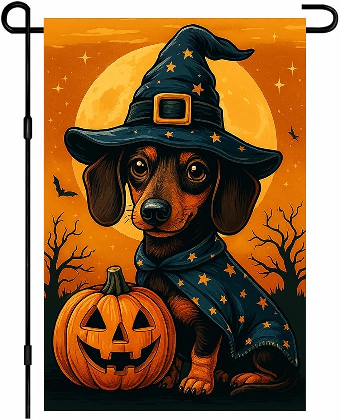 Halloween Garden Flag Dachshund Dog Pumpkin Witch Hat Double Sided 12x18 Inch Cute Fall Garden Flag Outdoor Yard Lawn Decor Trick Or Treat Banner Autumn Porch Decoration Spooky Holiday Sign