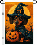 Halloween Garden Flag Dachshund Dog Pumpkin Witch Hat Double Sided 12x18 Inch Cute Fall Garden Flag Outdoor Yard Lawn Decor Trick Or Treat Banner Autumn Porch Decoration Spooky Holiday Sign