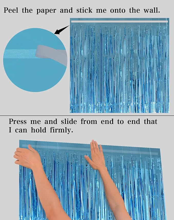 Light Blue Foil Fringe Curtains Party Decorations, Melsan 3.2 x 8 ft Foil Curtains Tinsel Backdrop for Ocean, Baby Shark Theme Birthday Decorations - Pack of 2