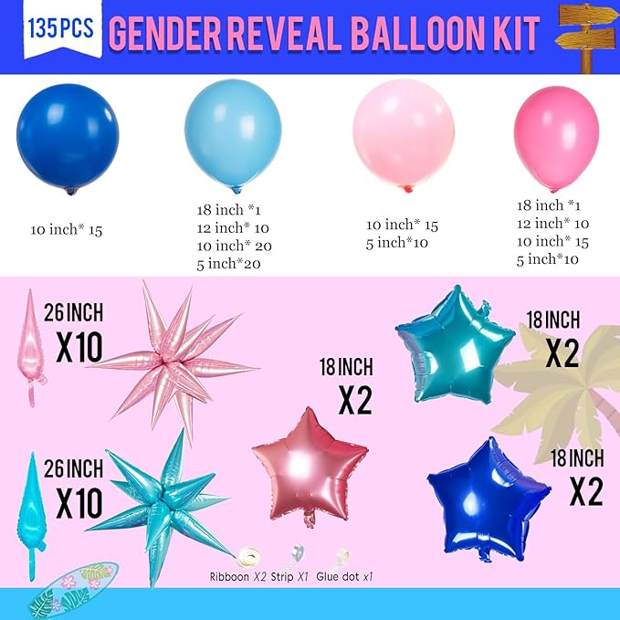 Blue and Pink Balloon Garland Arch Kit 135Pcs with five-pointe Star balloons for summer aloha Baby shower Gender reveal Hawaii cartoon birthday decorations