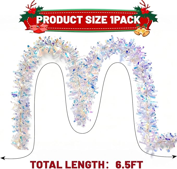 LAWOHO 6.5FT/2M Christmas Tinsel Garland with 40 LED Lights, Shiny Iridescent Foil Decorations for Christmas Tree, Wedding Birthday Party Supplies, New Year Holiday Parties, Indoor Hanging Home Decor