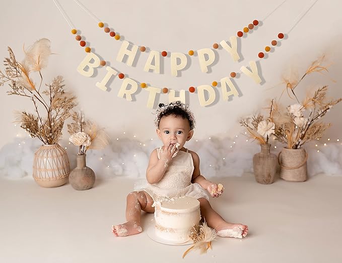 Boho Felt Happy Birthday Garland - Natural Handmade Wool Letters & Balls, Boho Birthday Decoration, Decorations for Children's Birthday Parties, Assembled Happy Birthday Banner