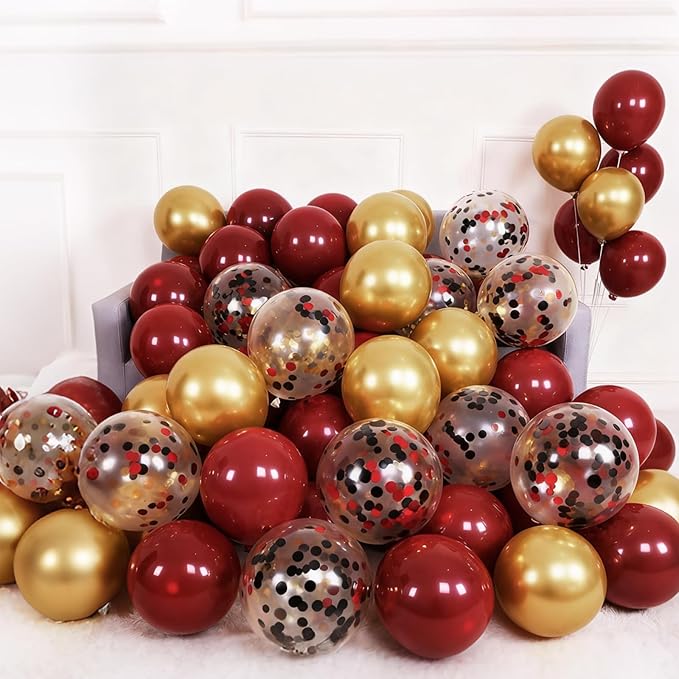 Patimate Burgundy Black Gold Balloons Set, 50Pcs 12 Inch Maroon Black Metallic Gold Latex Balloon Confetti Balloon for Graduation Birthday Baby Shower Wedding Party Decorations