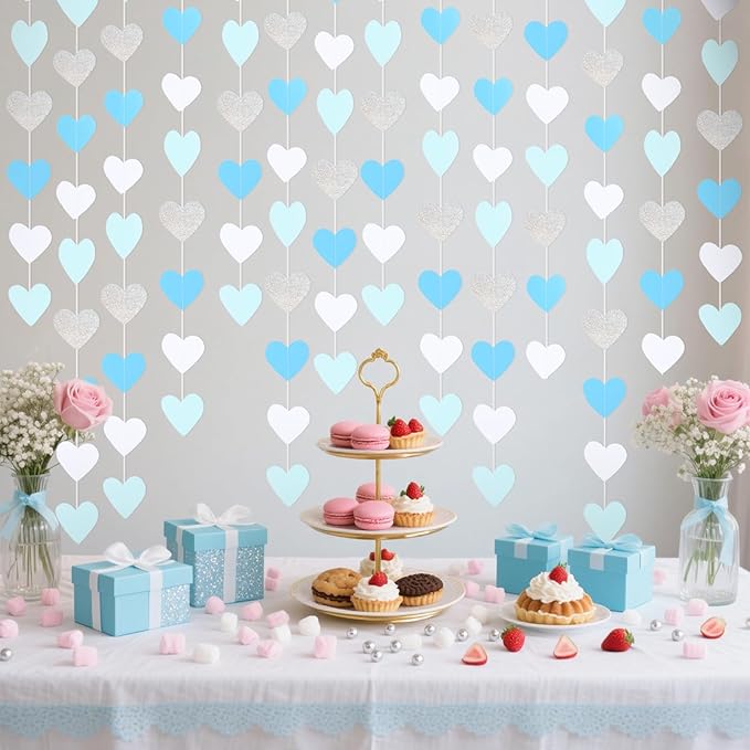 GCQQ Light Blue White Party Decoration - 52FT Glitter Blue Sliver Heart Garland 4 Packs Boy Girl Birthday Hanging Streamers for Valentine's Day Wedding Bachelorette Bridal Baby Shower Graduation Decor
