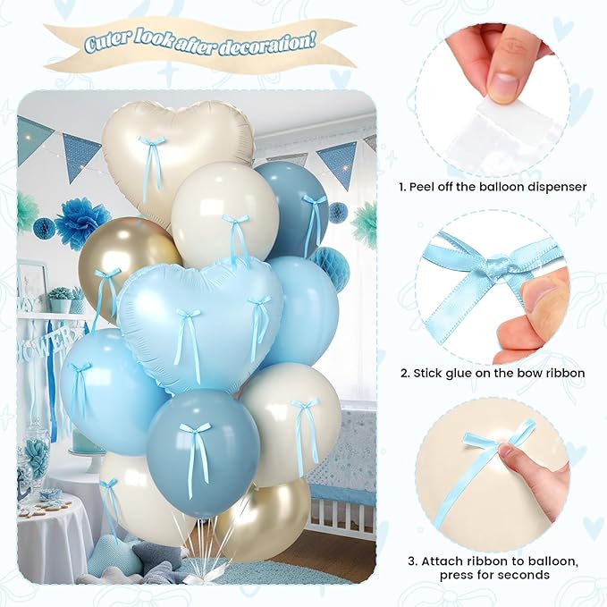 Blue and Cream Heart Balloons, 38 Inch Bow Balloons, Dusty Baby Blue Sand White Champagne Gold Balloon and Bow Heart Shaped Foil Balloon for boys Birthday Baby Boy Shower Valentines Day Decorations