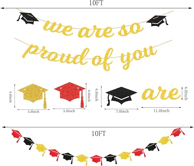 Red Black-Gold Party-Decoration Graduation Banner - 8pcs Kits Cap Garland Streamers, Paper Tissue Pom Poms Flowers,We are So Proud of You Congratulations Grad 2025 Decor Lasting Surprise