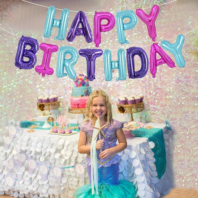 TONIFUL Happy Birthday Balloons Banner with Ribbon Straw,16 Inch Mylar Letters Birthday Sign Banner Balloon Bunting Reusable for Girls Kids & Adults Birthday Halloween Supplies（Blue Purple Pink）