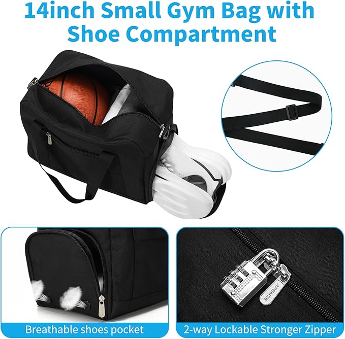 Apenze Small Gym Bag 14 inch lightweight Carry On Mini Duffel Bag with Shoe Compartment for Travel Sport - Black