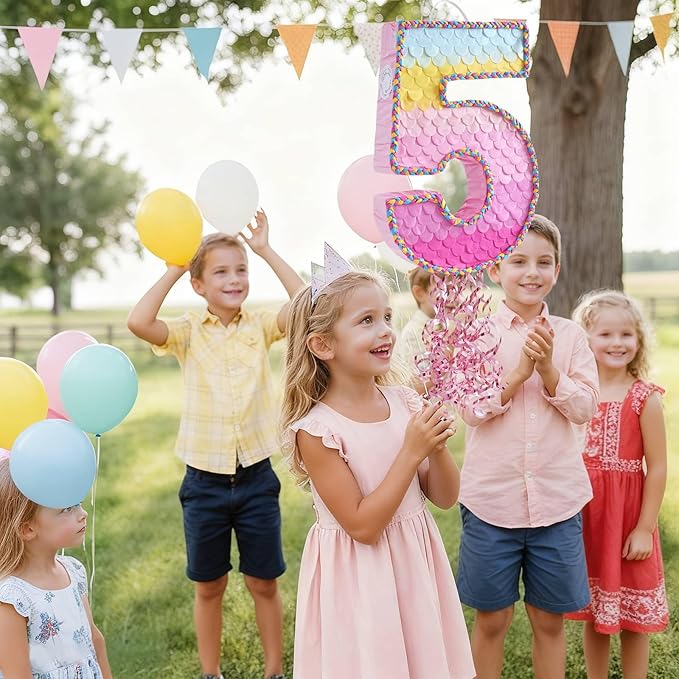 WERNNSAI Pink Sweet Five Piñata - Number 5 Piñata Happy Birthday Decoration Pink Rainbow Design Party Games for Girl Princess Baby Shower Party Favor with Blindfold Anniversary Celebration Supplies