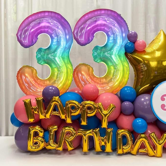 40 Inch Rainbow Number Balloon 3, Large Number Foil Balloons Mylar for Girl Boy Birthday Party Celebration Decorations Supplies, Digital Balloons for Wedding Anniversary Events Decorations