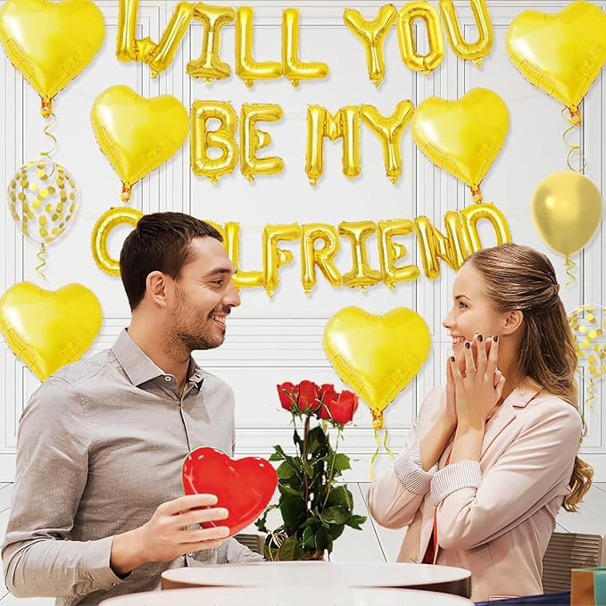 2 Set 16 Inch Will You Be My Girlfriend Balloons Banner, Gold Proposal Letter Balloons with 6 Heart Shaped Balloons for Romantic Decorations, Engagements, Anniversaries, Valentines Day Decor