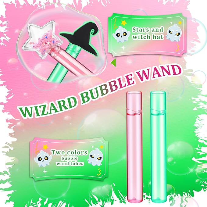 48 Pcs Witch Party Favors Witch Hat and Star Bubble Wands Pink and Green Bubble Wands for Summer Outdoor Goodie Bags Stuffers Carnival Prizes Birthday Treats