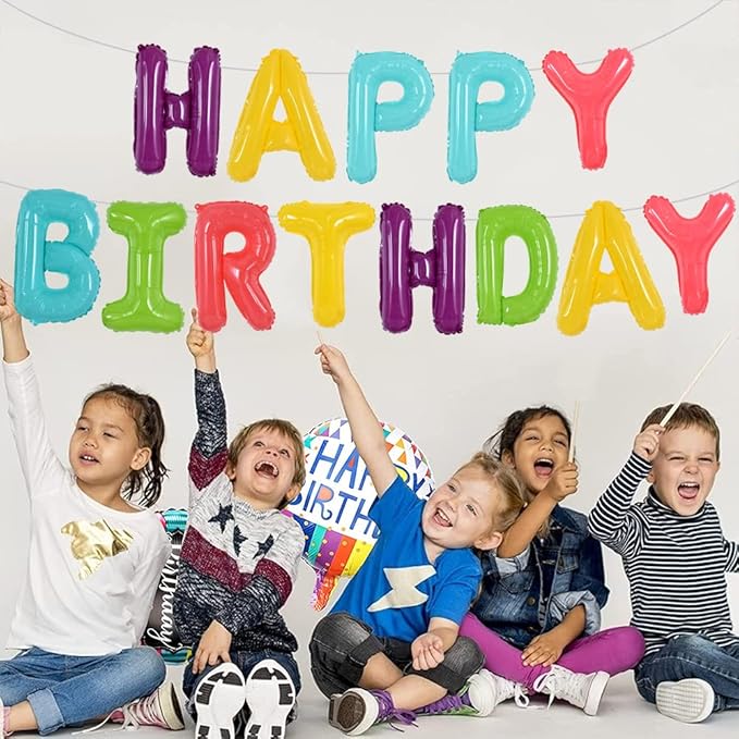 TONIFUL Coloful Macaron Rainbow Happy Birthday Balloons Banner with Ribbon Straw, 16 Inch Mylar Foil Letters Birthday Sign Bunting Reusable for Girls Boys Kids & Adults Birthday
