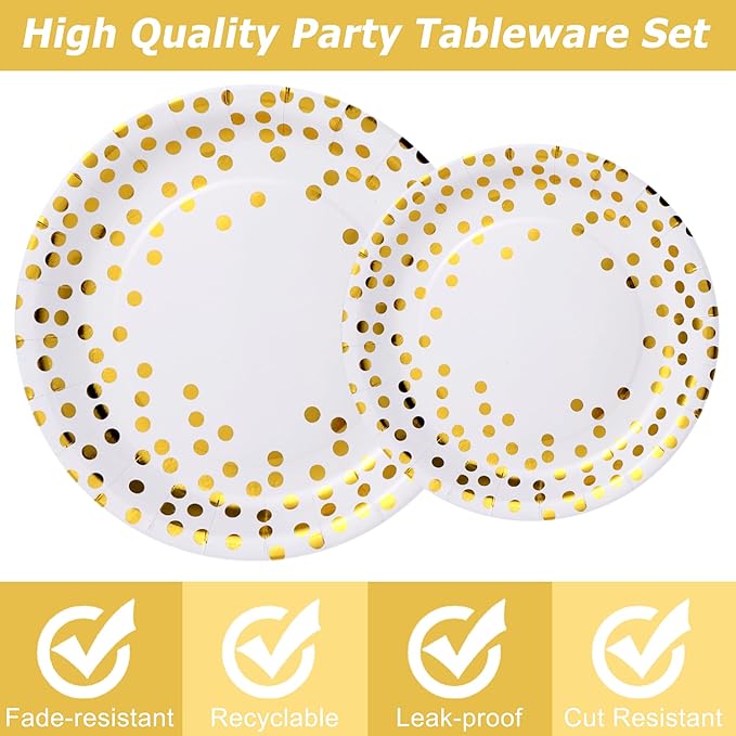 175 Pcs White Gold Party Plates Cups and Napkins Sets White Gold Foil Dot Disposable Dinner Tableware Set With 7" 9" Plates Napkins Cups Knife Fork Spoon Birthday Party Supplies Serve 25 Guests