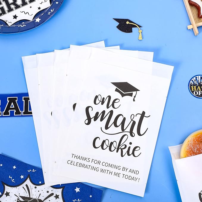 Whaline 100 Pack Graduation Candy Cookie Gift Bags One Smart Cookie Self-Adhesive Buffet Treat Bag Congrats Grad White Kraft Paper Treat Gift Bags for Graduation Party Decoration Supplies