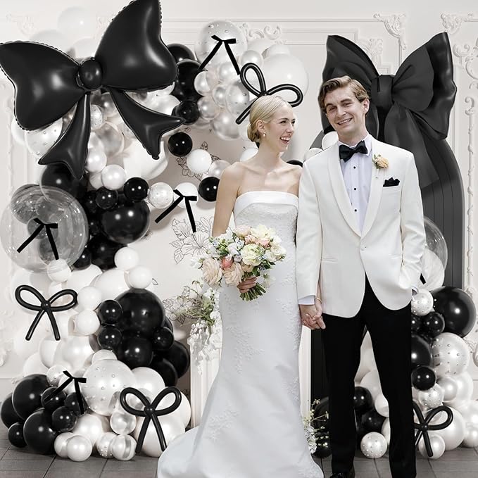 Black and White Balloons Arch Kit,JOGAMS 187Pcs White Black Bow Birthday Party Decorations with Bow Double Stuffed Pearl White Balloons Ribbon Pearl Stickers for Birthday Bachelor Bridal Baby Shower