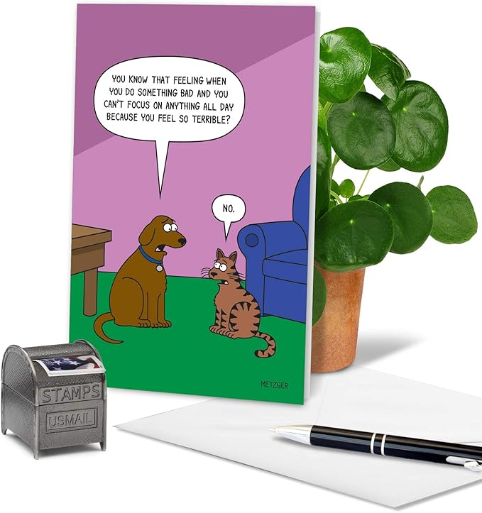 NobleWorks - 1 Funny Animal Card for Birthdays - Pet Cat and Dog Humor, Birthday Notecard with Envelope - Dog Guilt C6390BDG