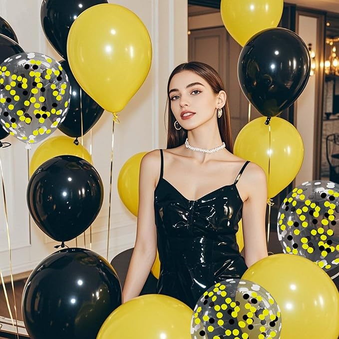Yellow Black Balloons with Confetti Balloons 12 inch Latex Balloons 80 Pcs for Wedding Birthday Baby Shower Party Decorations