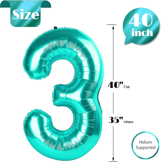 Teal Number 3 Balloon 40 Inch, 3 Balloon Number, 3rd Birthday Decorations, Teal Party Supplies for Boys Girls