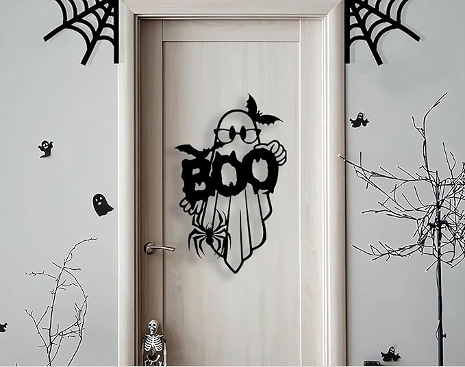 RESACO Cute Ghost Wall Art Halloween Metal Wall Decor Halloween Decorations for Front Door Wall Decorations for Bathroom Living Room Indoor Outdoor (10.6IN X 16.9IN Black)