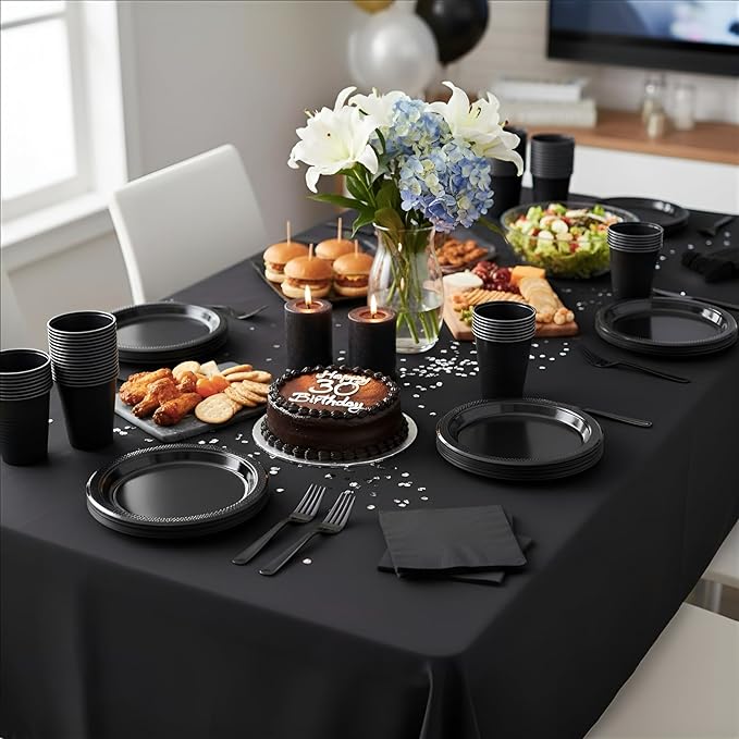 Black Plastic Plates for Party,50 Guest Disposable Plastic Plate Set 9" Plates,7" Dessert Plates,Napkins,Cups,Forks & Tablecloth for Birthday,Halloween,Christmas Parties,Graduations