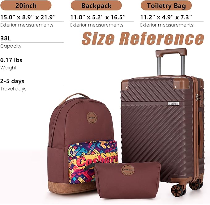Cosbarn Carry On Luggage 22x14x9 Airline Approved, Hardside 20 Inch Carry on Suitcases with Wheels, Hard Shell ABS Lightweight Carry on Luggage Set, Travel Suitcase Set with TSA Lock, Burgundy
