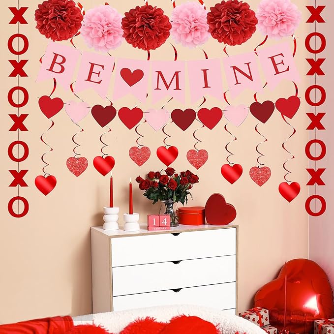 Upgraded Valentines Day Decorations Set Pre-Assembled Hanging Heart Swirls,BE Mine Banner,Heart XO Garlands Banner for Valentines Wedding Engagement Anniversary Party