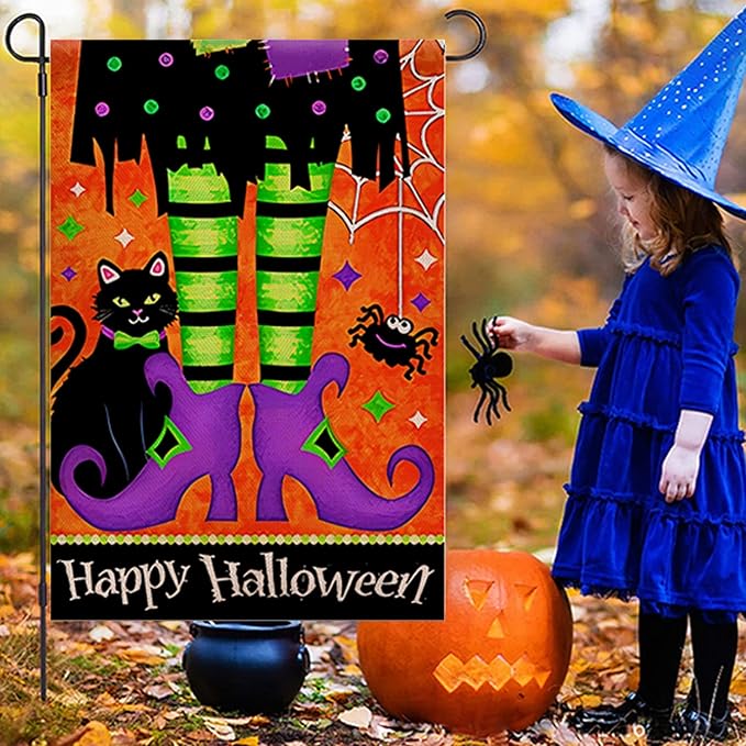 Halloween Garden Flag 12×18 Inch Rustic Black Farmhouse Decor for Seasonal Holiday Yard (Halloween Flag 12"X18" C)