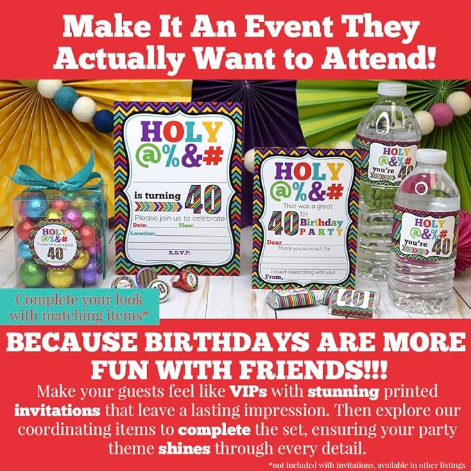 Funny “Holy @%” 40th Birthday Party Theme 20 Invitations 5x7 Fill-In Cards with Envelopes, Adult Humor Design for Milestone Birthday Celebration, Made in USA by Amanda Creation
