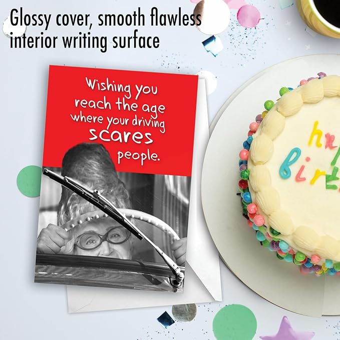 NobleWorks - 1 Hilarious Happy Birthday Card - Funny Old Lady Grandma Humor, Celebrate Birthdays - Scary Driver C3634BDG